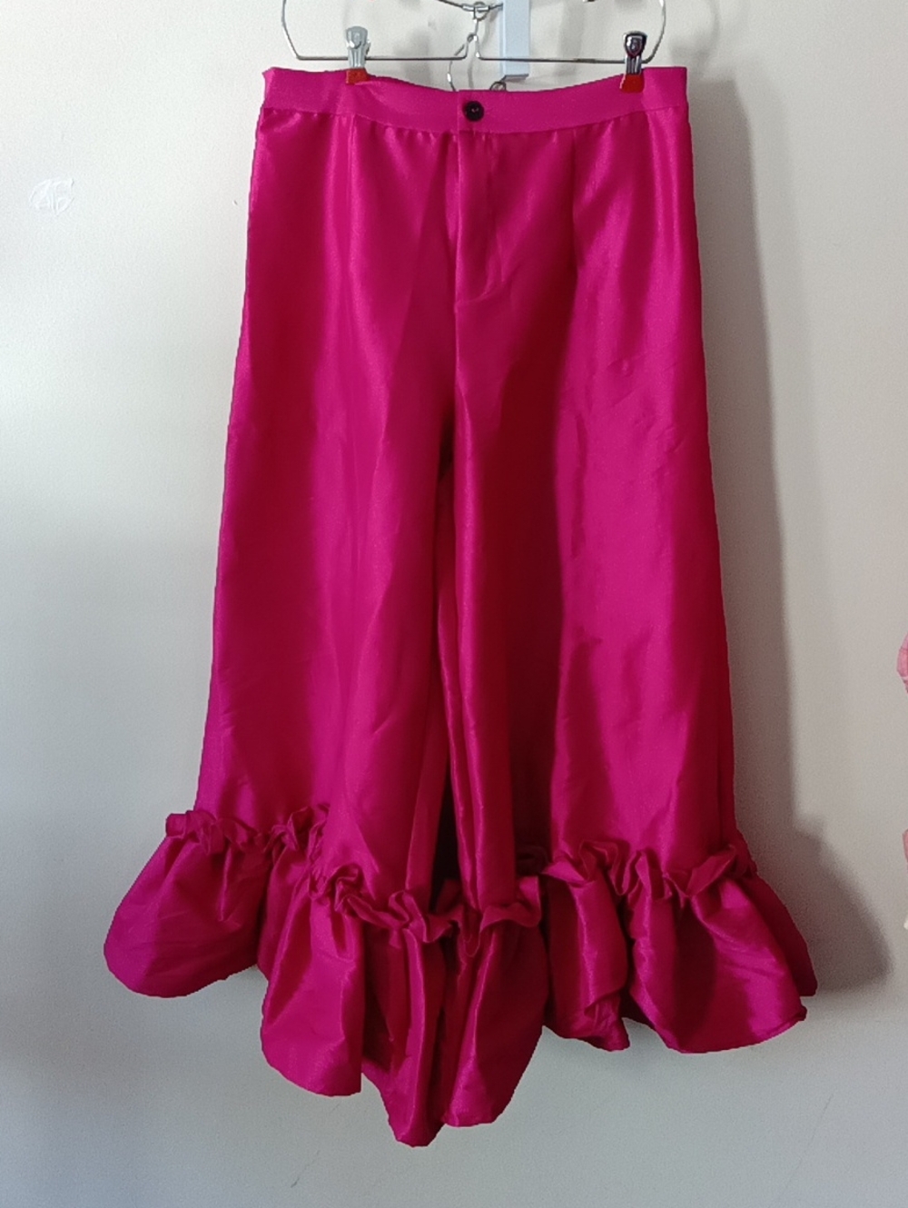 AOEMI High-Rise Ruffle Hem Wide-Leg Pants in Fuchsia  ELASTIC WAIST SIZE XL NEW - Picture 2 of 7
